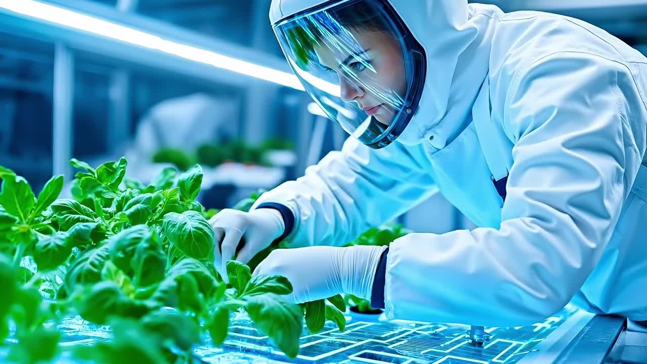 A woman in a white lab coat and goggles working in a greenhouse