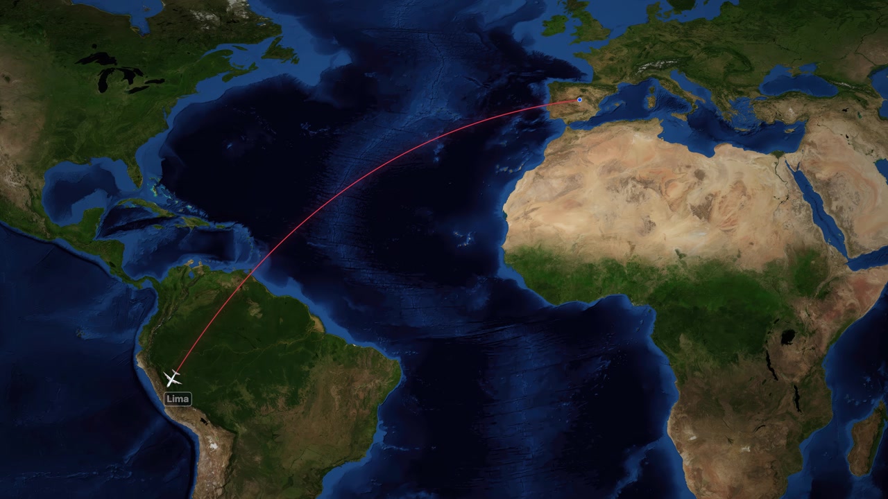 Satellite world map animation follows a commercial airplane flying from Madrid Spain to Lima Peru