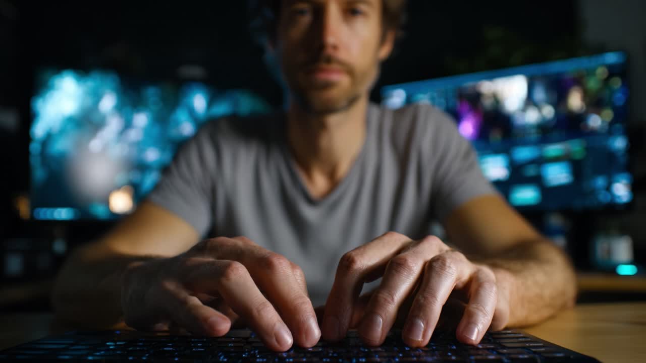 Focused individual typing on a keyboard in a dimly lit room, engaged in digital interaction, with dual monitors displaying vibrant content in the background
