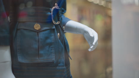 primer plano de un maniquí con un traje de vaqueros con un cinturón elegante, la mano descansada en el lado, exhibido en un escaparate, con fondo borroso y efecto de luz bokeh en el vidrio