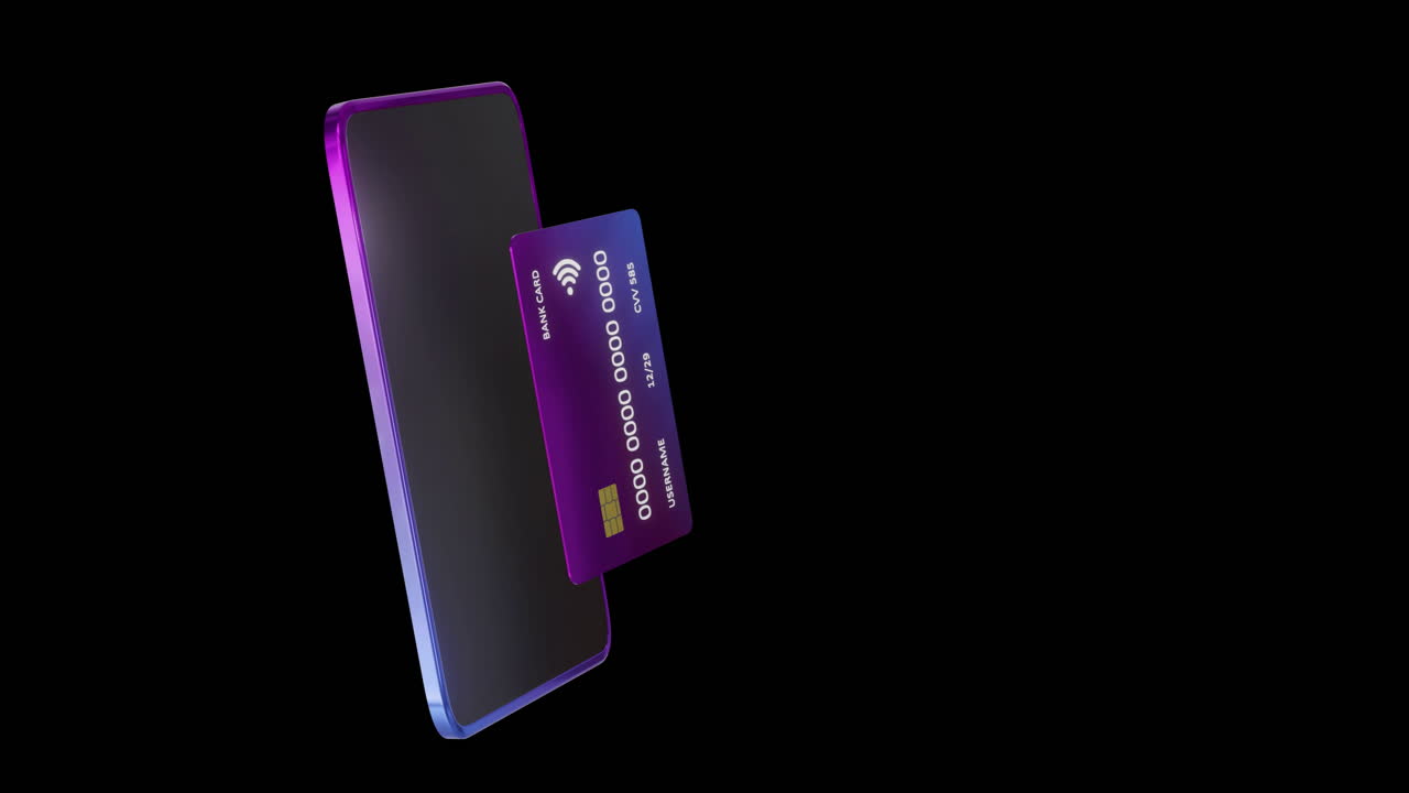 Animation of smartphone and credit card with data over black background