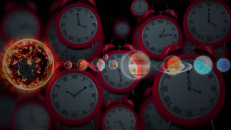 animación de sistemas solares, planetas y espacio sobre relojes que tiquetean