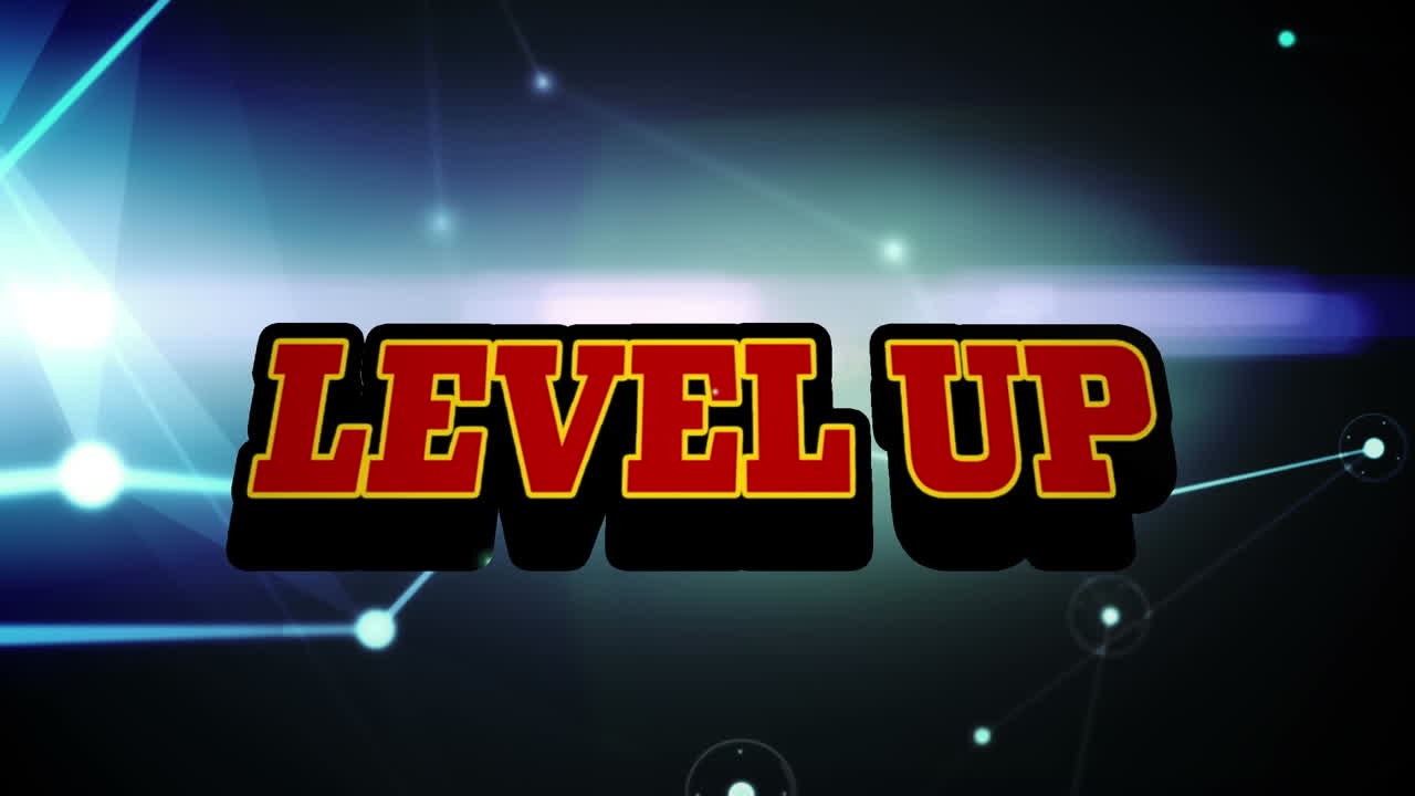 animación de texto de nivel y puntos conectados con líneas que se mueven sobre las llamaradas de la lente