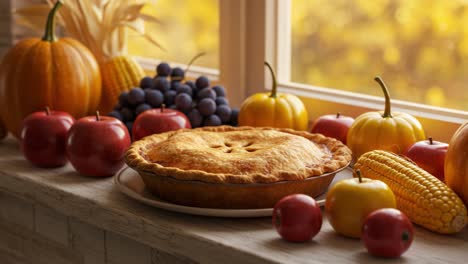 A Cozy Autumn Scene Featuring a Freshly Baked Pie Surrounded by Delicious Apples, Colorful Pumpkins, Grapes, and Corn, All Bathed in Soft Natural Light