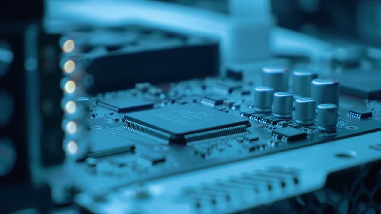 primer plano de una placa de circuito con microprocesador