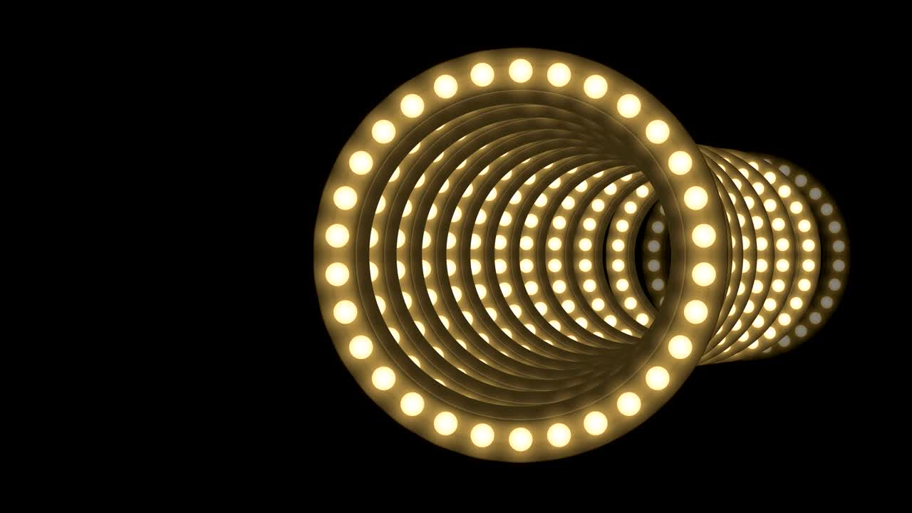 터널 불빛 전구 상자 프레임 원 모양 움직이는 패턴, 레트로 3d 가상 스타일 일러스트레이션 어두운 배경에서 빛나는 원활한 루핑 애니메이션 4k, 복사 공간