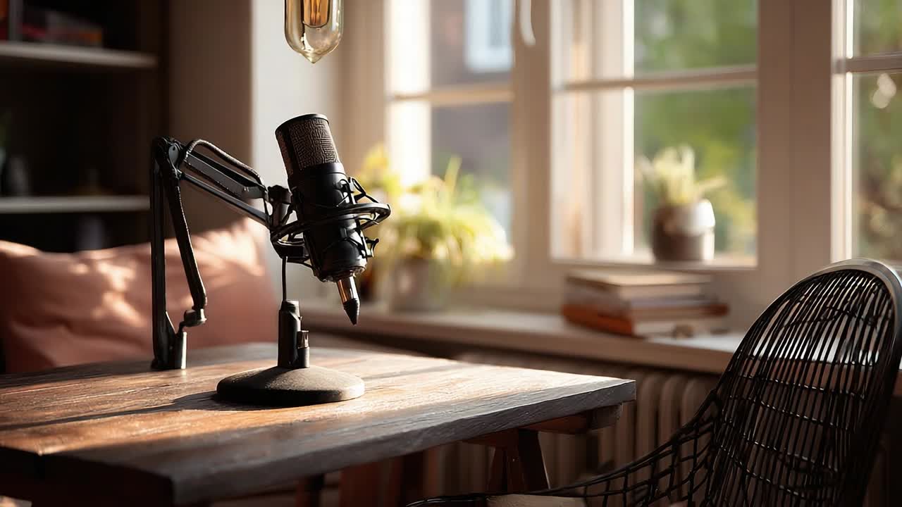 Configuración de estudio en casa con un micrófono y luz natural cálida