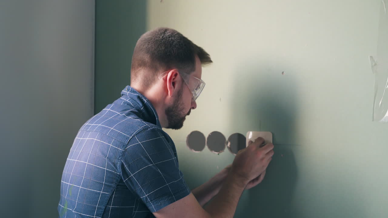 electrician installs lever and poses to camera in flat