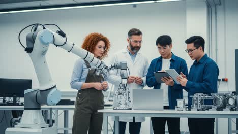 a collaborative robotics workshop: professionals discussing advanced technology and automation in a modern laboratory setting, enhancing future innovations