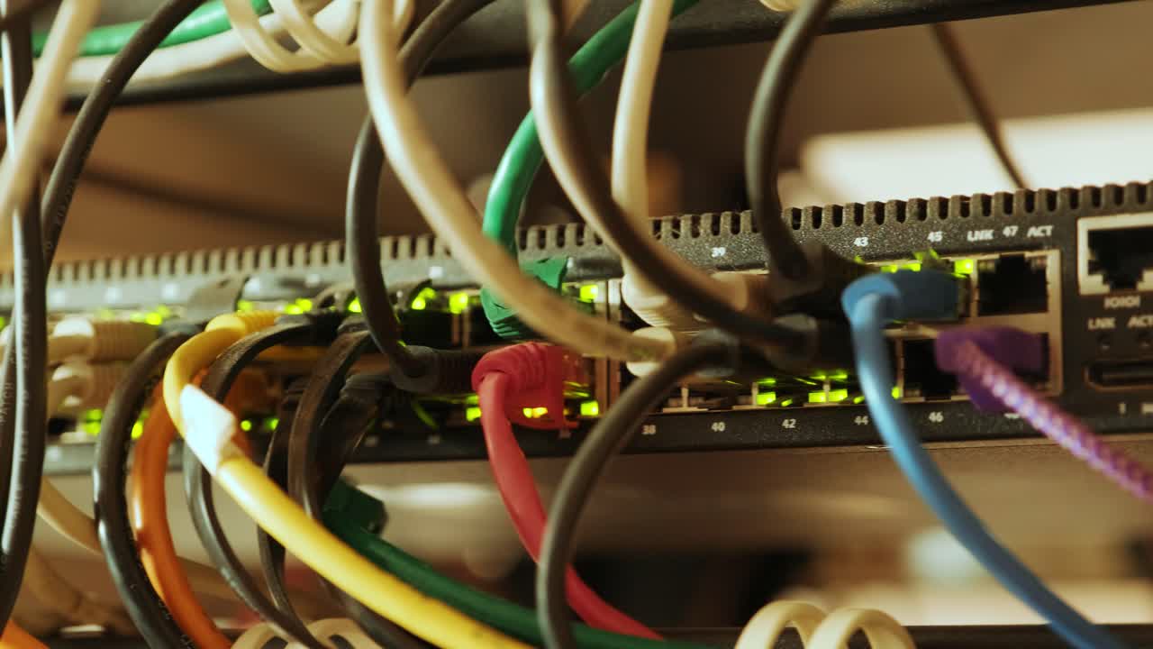 interruptor de red y cable ethernet en el gabinete de rack. tecnología de conexión de red y tiene un estado conducido para mostrar el estado de trabajo. concepto de infraestructura con cables conectados al centro de datos