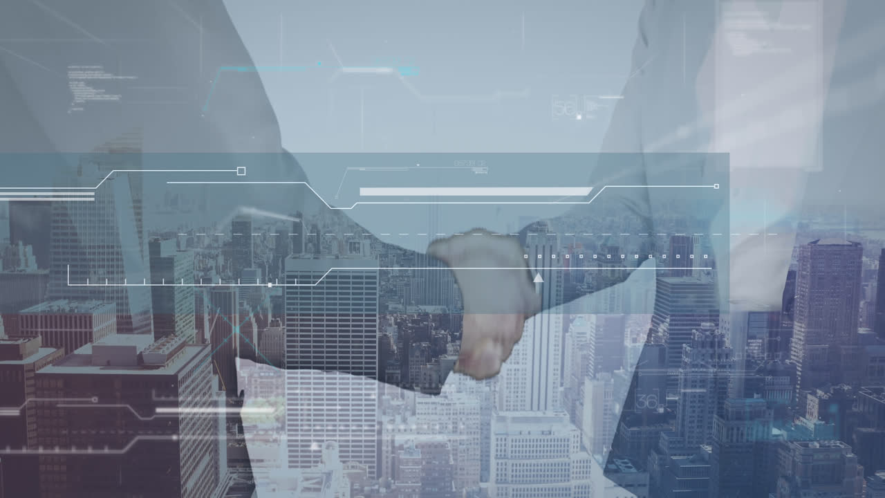 도시 풍경과 카우카스계 사업가들이 손을 흔들고 있는 금융 데이터 처리 애니메이션