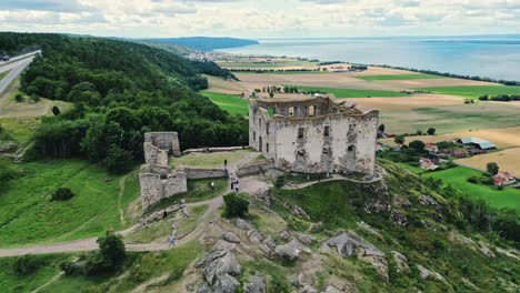 Aerial-of-the-Brahehus-Castle,-a-stone-castle-built-in-the-1600s,-Småland,-Sweden