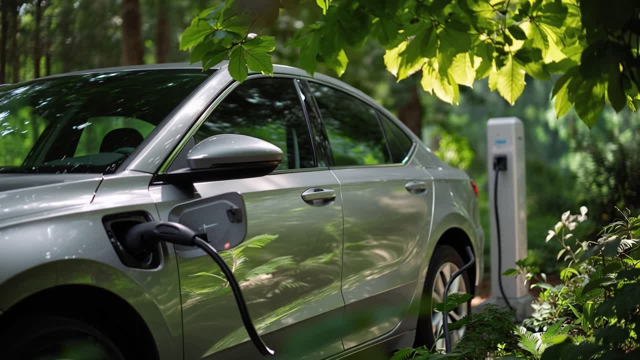 Un coche plateado se carga bajo hojas verdes moteadas. El cable se conecta a la estación de carga, un suave resplandor ilumina. Los árboles enmarcan la escena, pacífica y natural. No hay gente presente, el enfoque está en la tranquilidad.