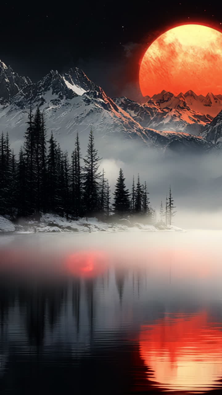 A large red sun is reflected in the water of a lake. The sky is dark and the mountains in the background are covered in snow. The scene is serene and peaceful