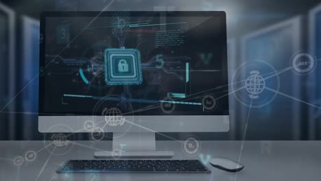 Animation of padlock and data processing over computer screen in office