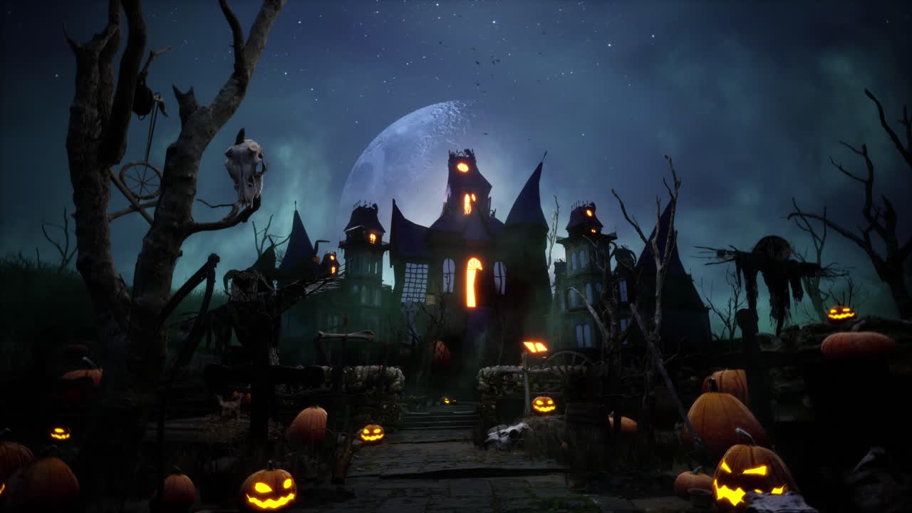 Halloween Haunted House With Bats, And Pumpkins Under Scary Moon Cinematic Video Animation Background