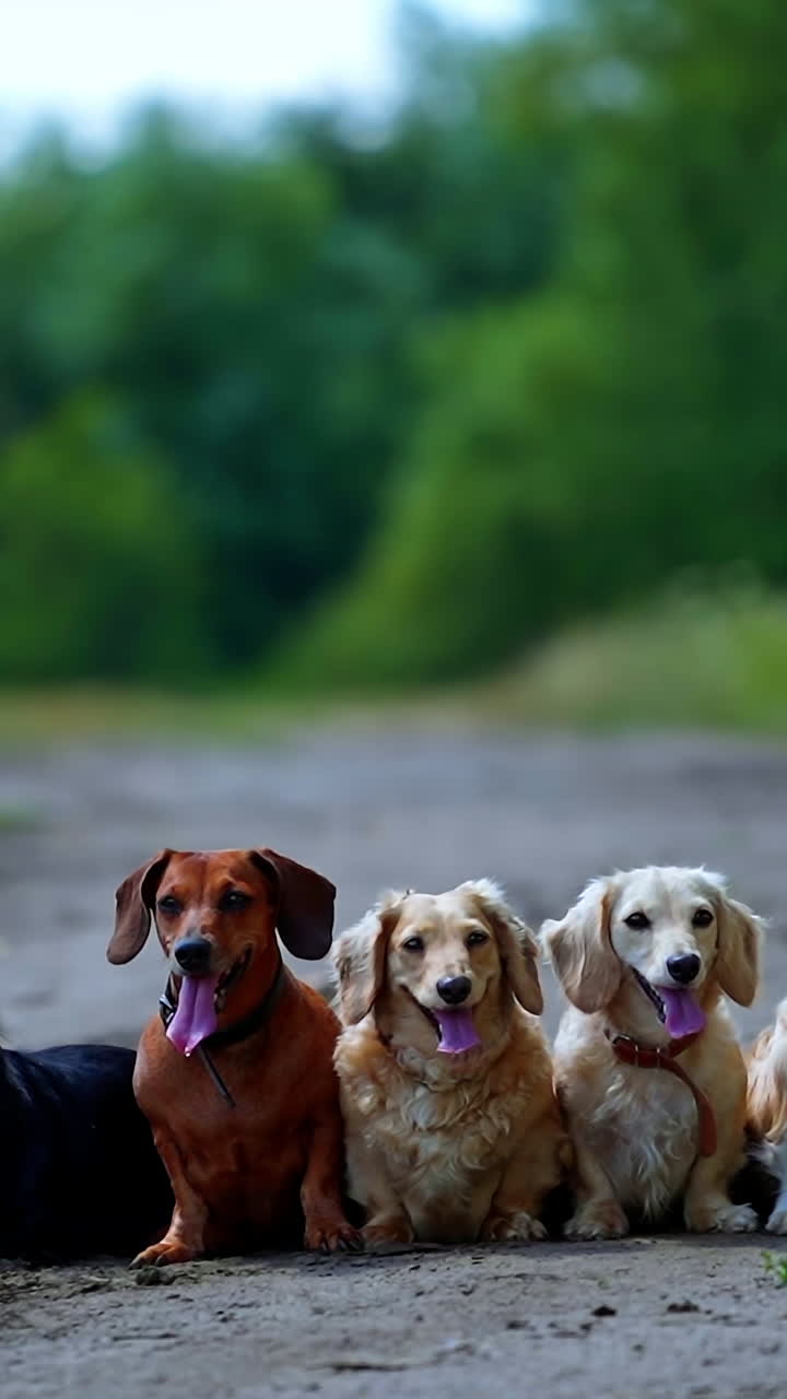 Funny dachshund dogs in the street. Group of pet animals sitting on the road and resting together. Portraits of five dogs on green nature background. Vertical video