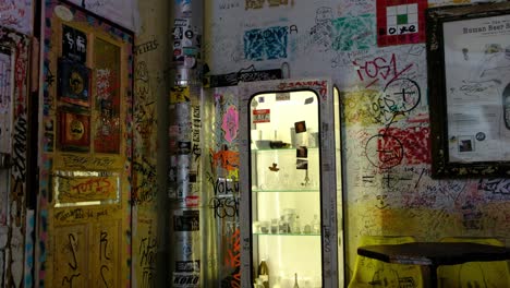 Creepy-sunlit-Historic-Ruin-Bars-in-the-heart-of-Budapest-in-Hungary,-Europe---Pubs-built-in-graffiti-covered-abandoned-and-war-torn-spaces,-indoor-plant-life