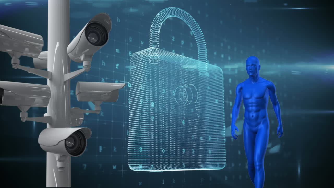 animación de modelo humano azul y cámaras de grabación sobre el procesamiento estadístico en el fondo.