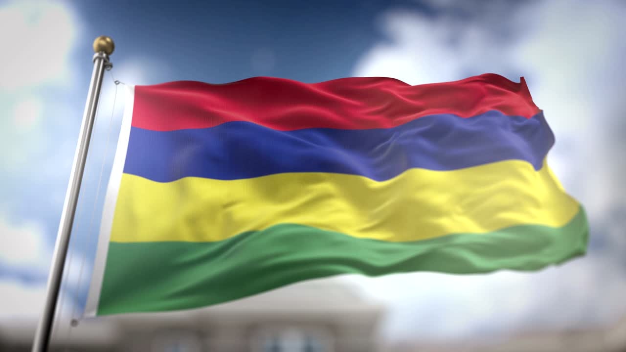 la bandera de mauricio ondeando en cámara lenta 3d con fondo de cielo azul - bucle sin costuras 4k