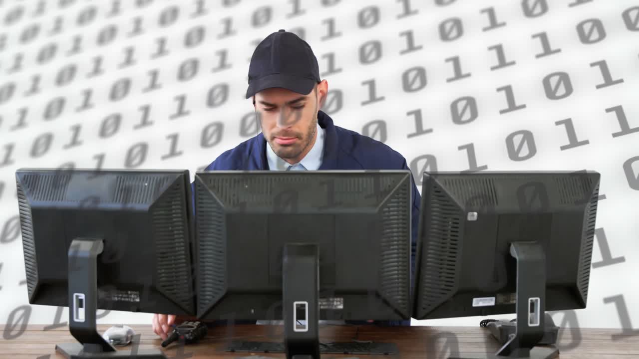 백색 배경에 컴퓨터를 사용하여 코카시안 남자에 대한 과학 데이터 처리 애니메이션