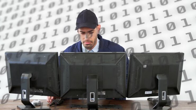 Animation von wissenschaftlicher Datenverarbeitung über kaukasischem Mann am Computer auf weißem Hintergrund