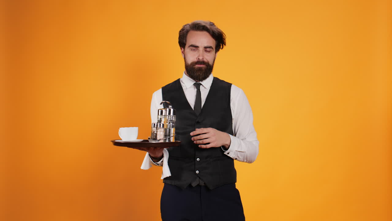 el camarero conmocionado con una reacción sorprendida