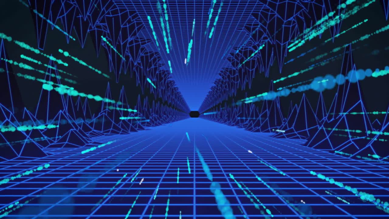 Animation of data processing and digital tunnel over black background