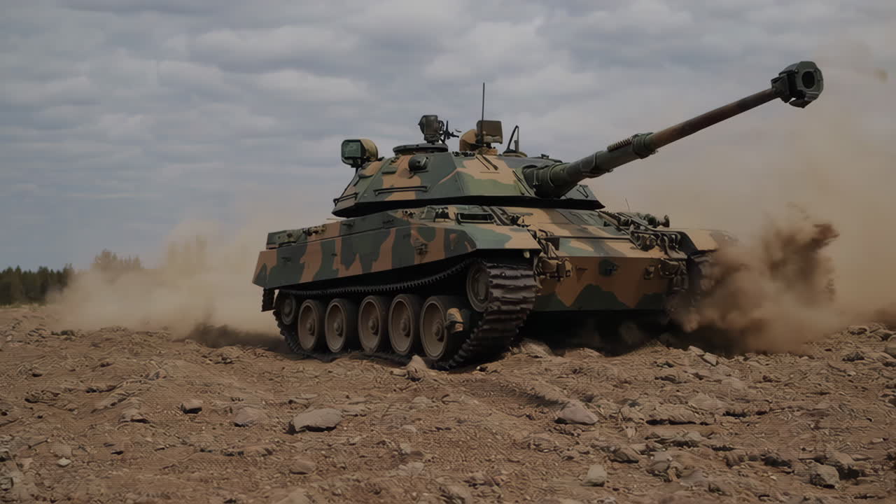 Military Tank Driving Through Desert Terrain