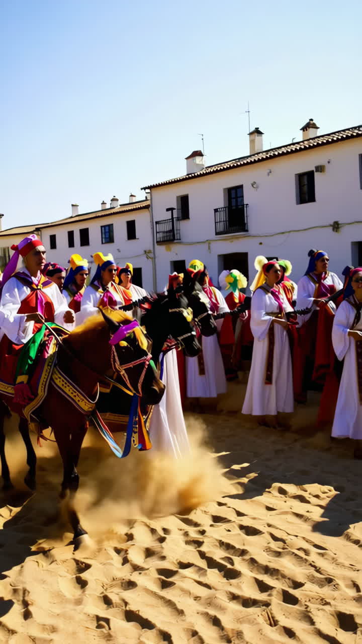 Vivace sfilata di festa tradizionale con cavalieri, ballerini e musicisti