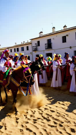 vibrant traditional festival parade with horseback riders, dancers, and musicians