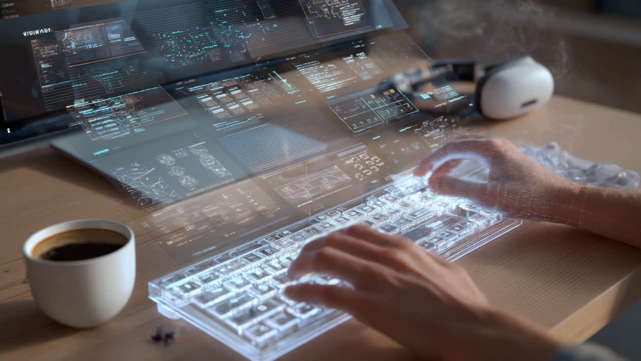 Futuristic Cyber Interface: Display of Holographic Data and Coding with an Advanced Transparent Keyboard, Coffee, and Streaming Visual Analytics for Enhanced Digital Interaction