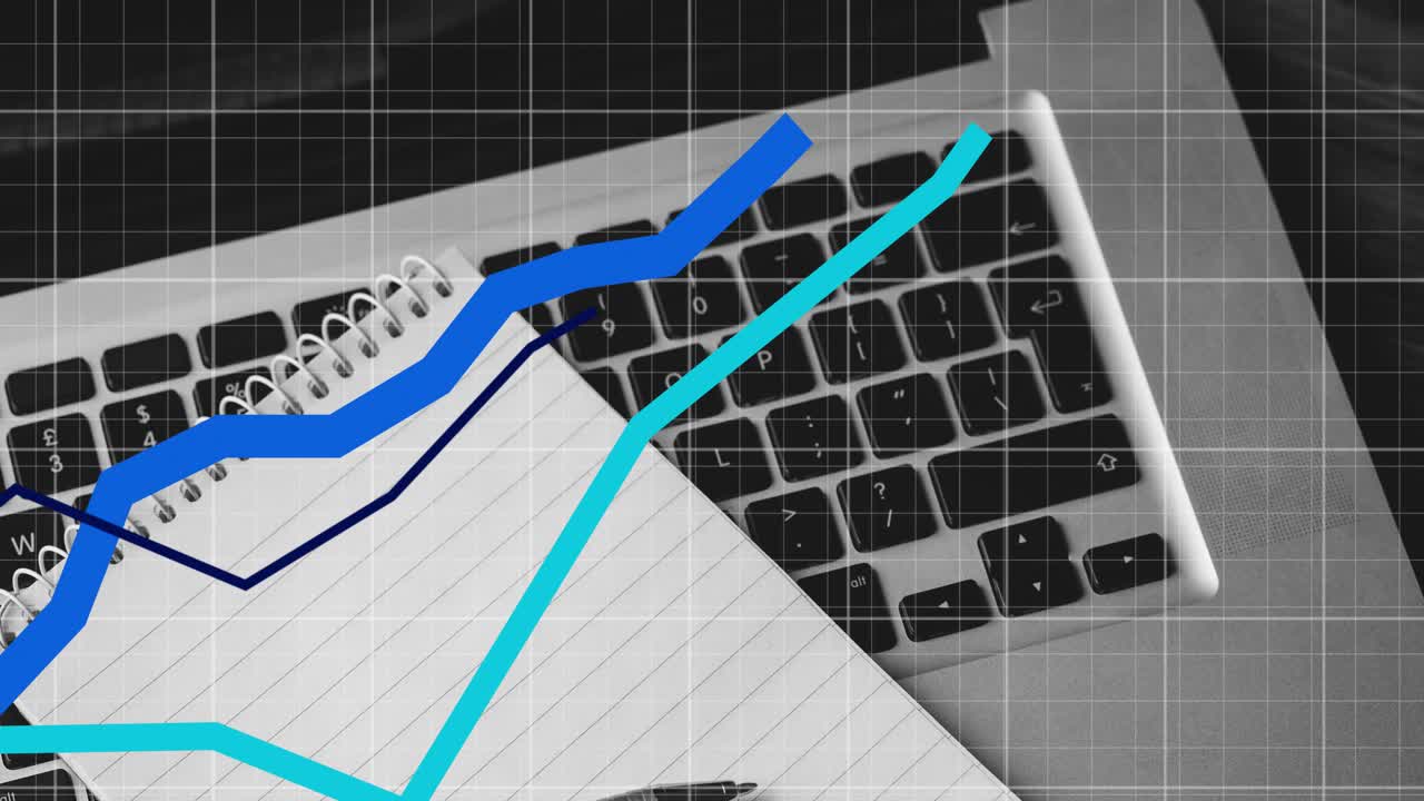 Following dark blue line emerging on notebook keyboard, lines extending, shifting to chart overlay