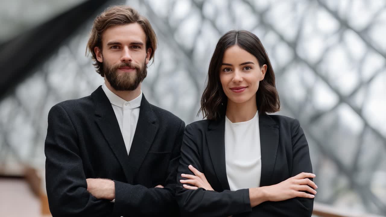 A Confident Professional Duo Posing Together in a Modern Architectural Setting, Showcasing Teamwork and Stylish Attire for a Corporate Presentation