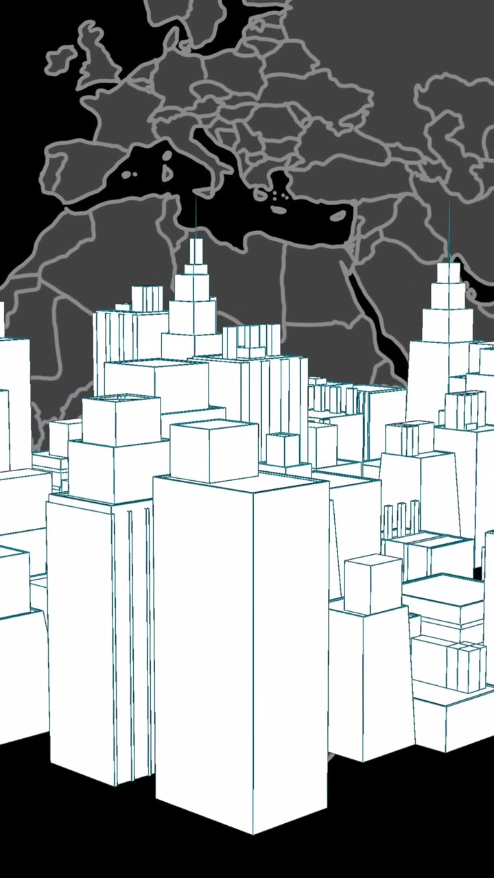 Animazione di città digitale su mappa del mondo su sfondo nero