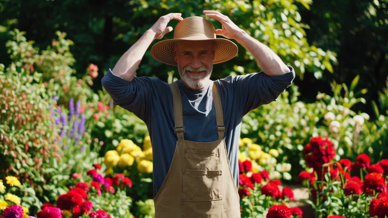 Happy Gardener in a Flower Garden