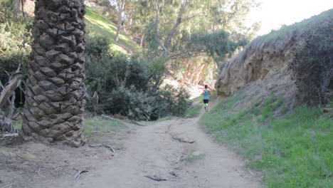 a female runner dashes past palm trees on a dusty trail in san diego