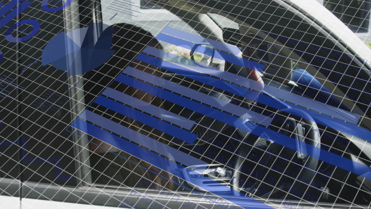 Woman checking phone, reaching car console, stowing and readying car with blue mesh overlaying