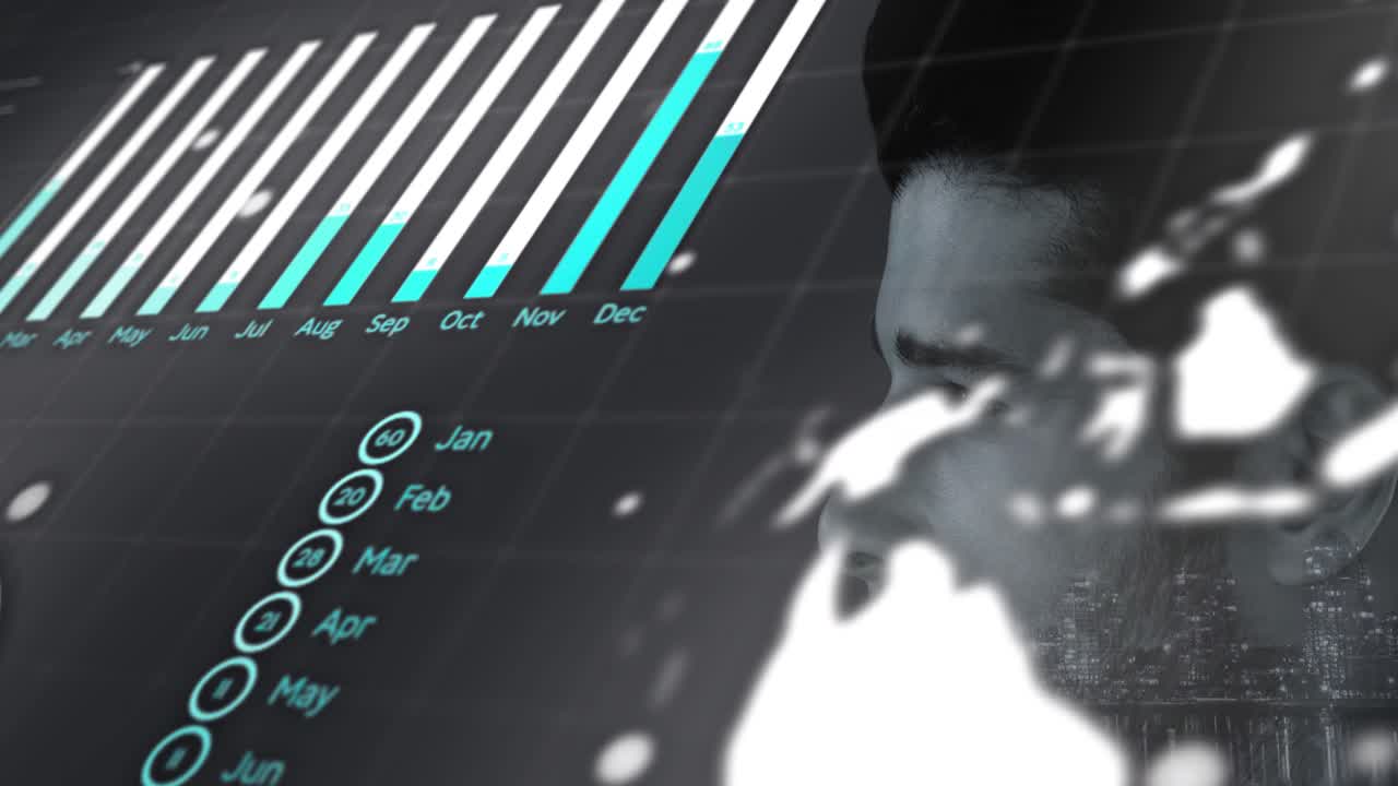 Male data analyst standing in profile, camera pulling back revealing charts over face for analysis
