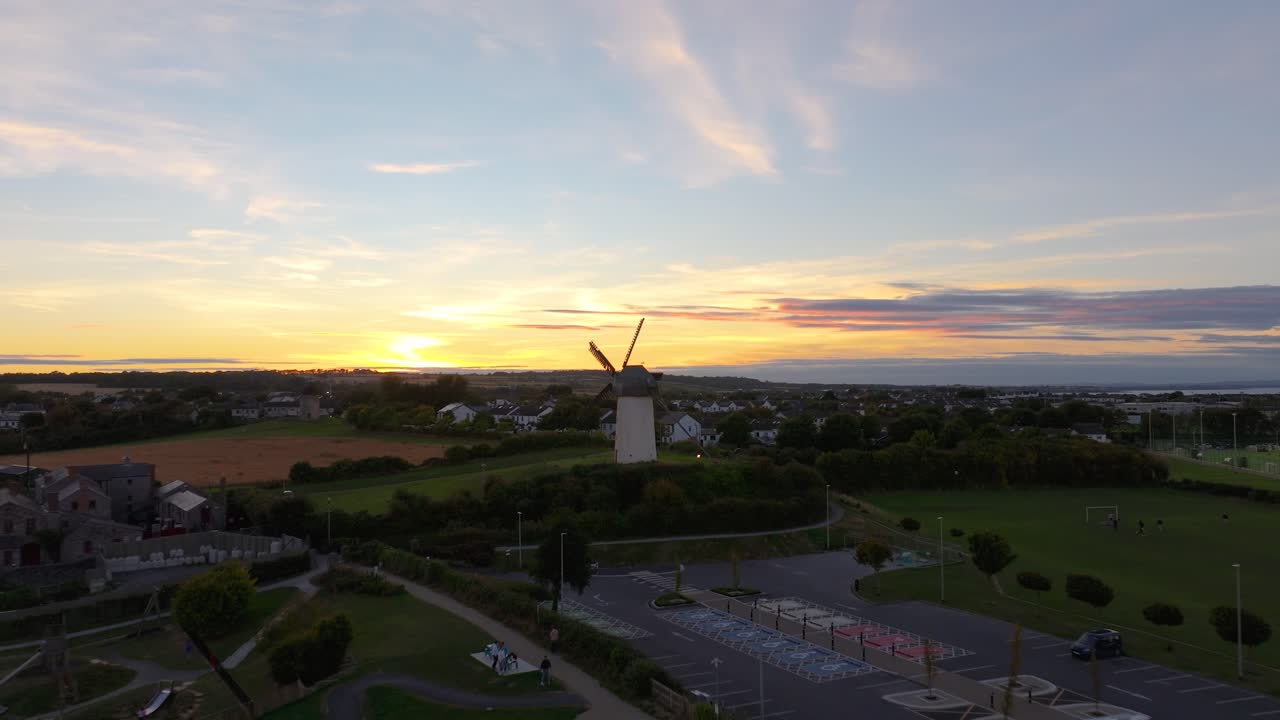 4K High-resolution drone shot of the historic Skerries windmills, at the sunset Co.Dublin, Ireland_08