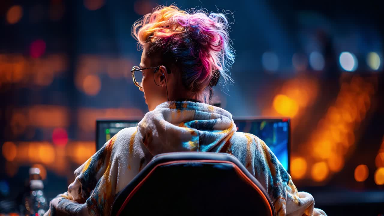 A Focused Gamer Concentrating on the Game with Colorful Hair and Glasses in a Vibrant Esports Arena, Surrounded by Blurred Lights and High-Tech Screens