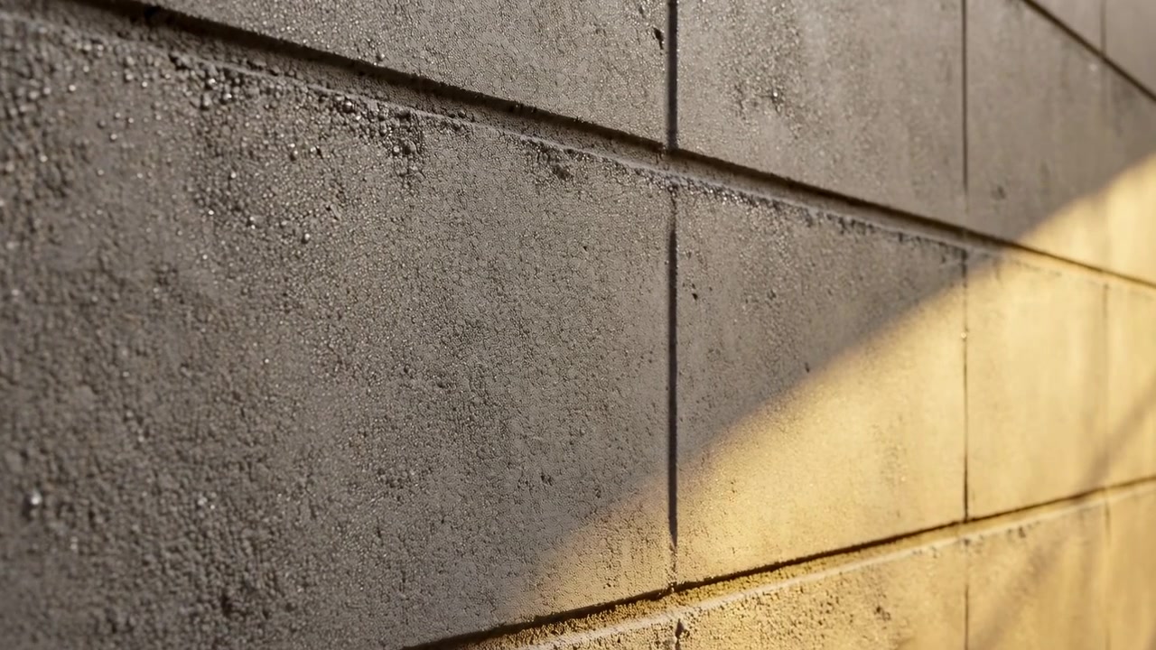 午後遅くの暖かい斜めの日差しに照らされた、風化したコンクリートブロックの壁の斜めからのクローズアップ。水平および垂直の継ぎ目が繰り返され、