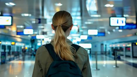 a woman with a backpack standing in an airport terminal