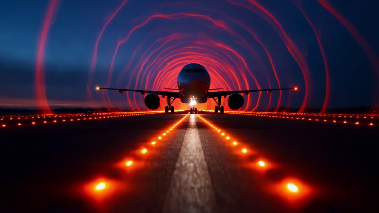 A Captivating Display of an Airplane Illuminated by Radiant Lights at Dusk, Creating a Stunning Visual Tunnel Effect on the Runway as It Prepares for Takeoff