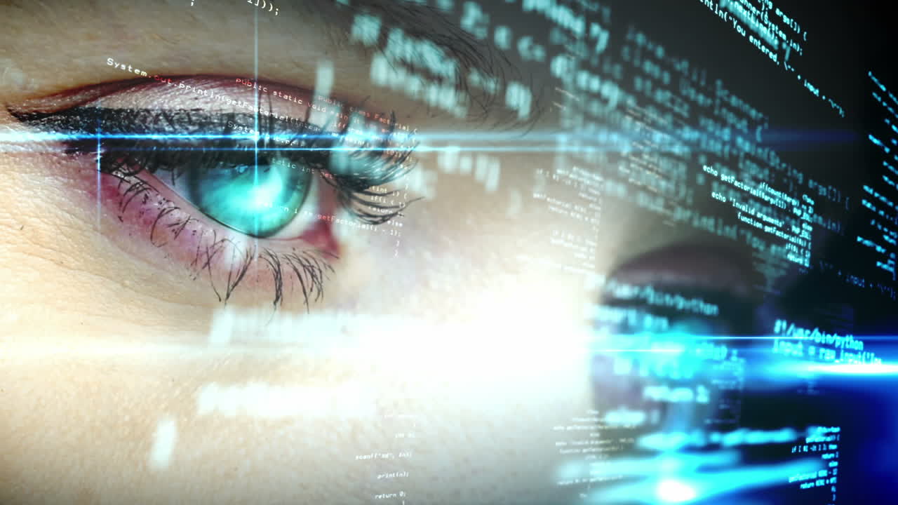 occhi che guardano l'interfaccia olografica con il testo