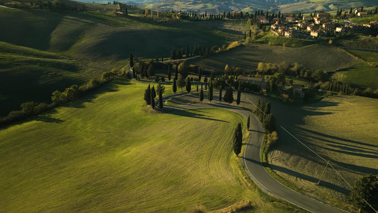 Winding road lined with beautiful cypress trees leading to city, Val d'Orcia Tuscany