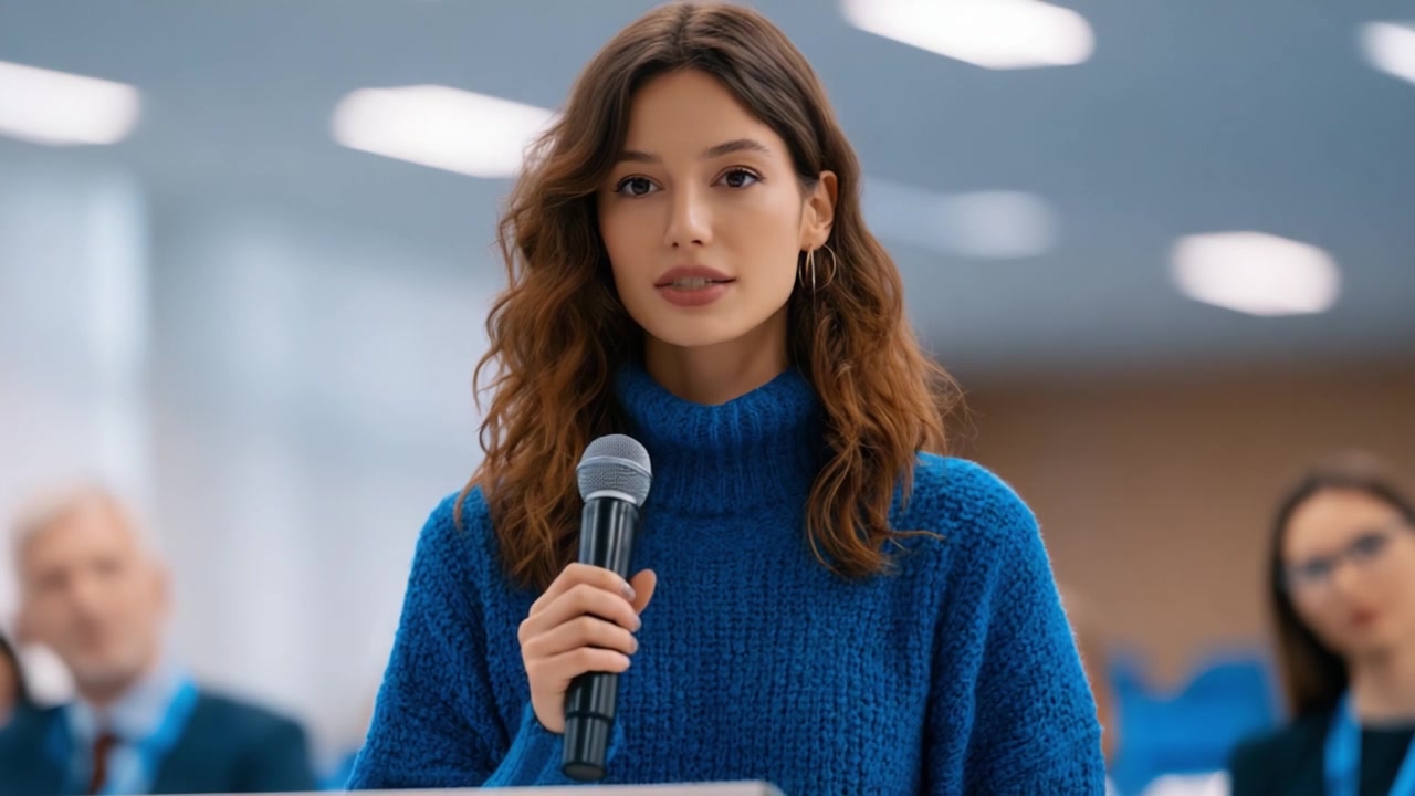 Presentazione Coinvolgente sul Palco: Una Giovane Donna con un Maglione Blu Pronuncia un Discorso Accattivante con Sicurezza e Compostezza, Catturando l'Attenzione del Pubblico.