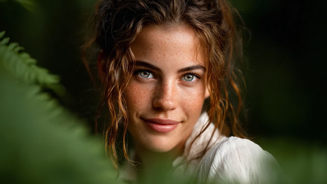 Ritratto accattivante di una giovane donna immersa nel verde lussureggiante, che mette in mostra la bellezza naturale con sorprendenti occhi azzurri e lentiggini in un sereno ambiente esterno