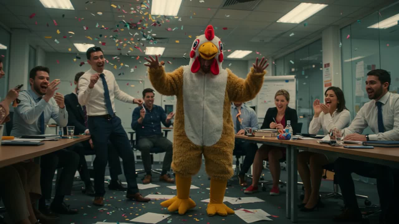 Joyful Office Celebration: A Chicken Mascot Brings Laughter and Cheer to a Hardworking Team in a Fun-Filled Meeting Environment with Confetti Everywhere