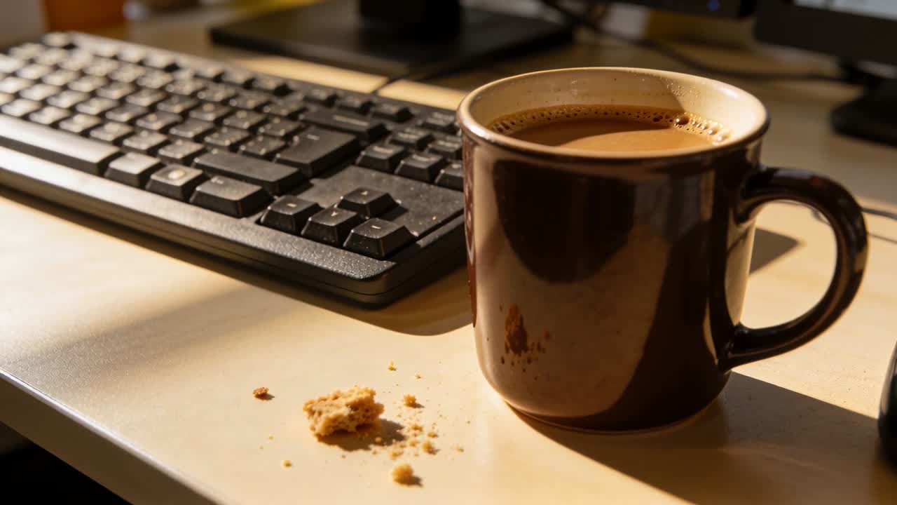 カメラが右にスライドしてズームインし、オフィスのキーボードのパンくずの隣にある茶色のコーヒーマグを際立たせる。